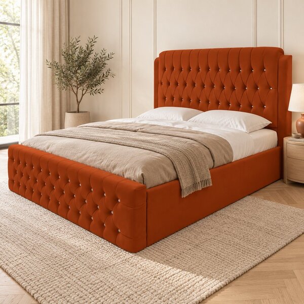 Pat tapițat Chesterfield din catifea Aveline Deluxe 140×200 cm, cărămiziu, cu ladă de depozitare