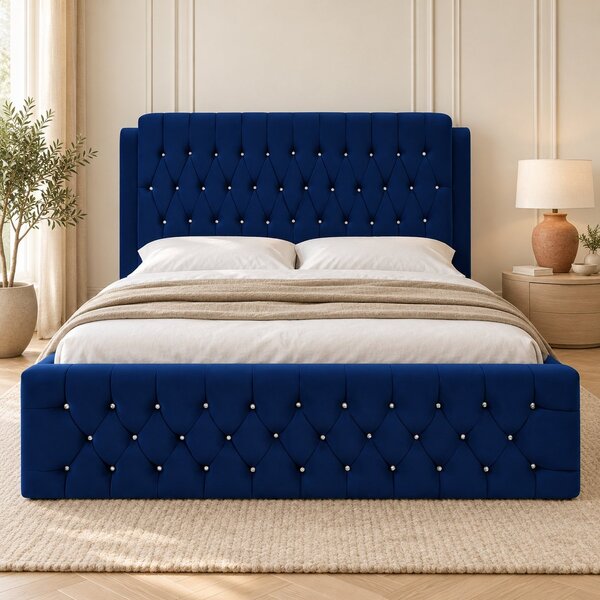Pat tapițat Chesterfield din catifea Aveline Deluxe 140×200 cm, bleumarin, cu ladă de depozitare