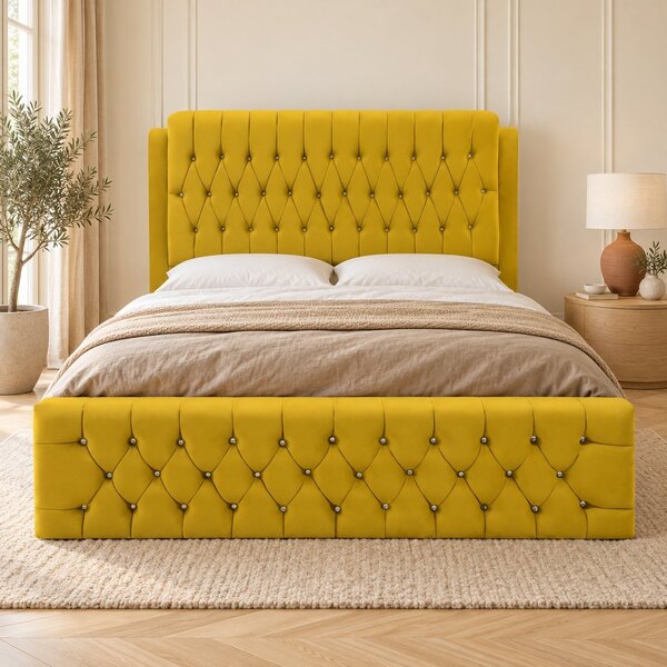 Pat tapițat Chesterfield din catifea Aveline Deluxe 140×200 cm, galben muștar, cu ladă de depozitare