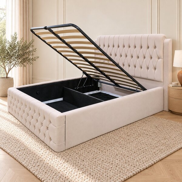 Pat tapițat Chesterfield din catifea Aveline Deluxe 140×200 cm, crem, cu ladă de depozitare