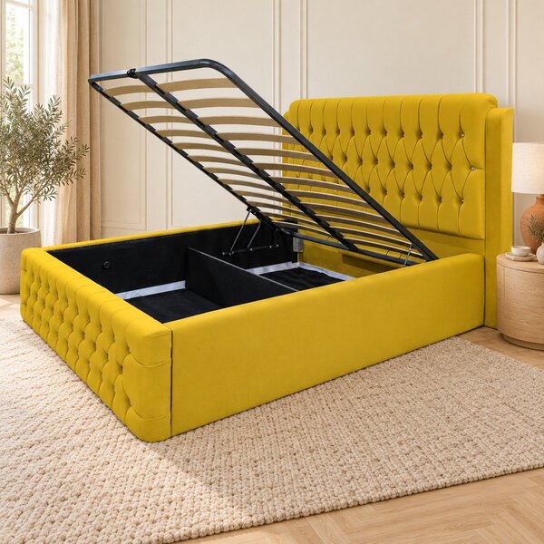 Pat tapițat Chesterfield din catifea Aveline Deluxe 140×200 cm, galben muștar, cu ladă de depozitare