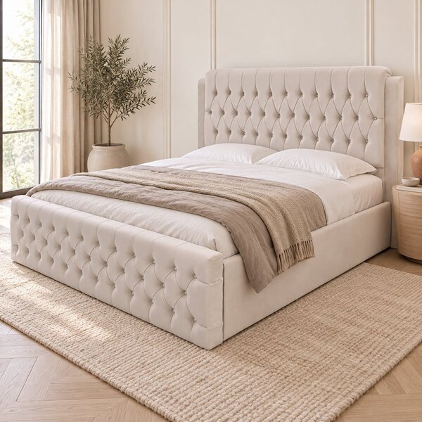 Pat tapițat Chesterfield din catifea Aveline Deluxe 140×200 cm, crem, cu ladă de depozitare