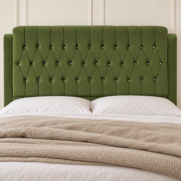 Pat tapițat Chesterfield din catifea Aveline Deluxe 140×200 cm, kaki, cu ladă de depozitare