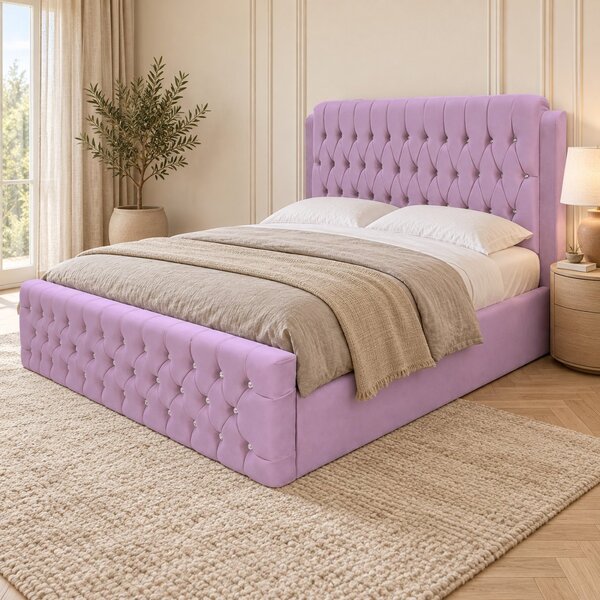 Pat tapițat Chesterfield din catifea Aveline Deluxe 140×200 cm, lila, cu ladă de depozitare