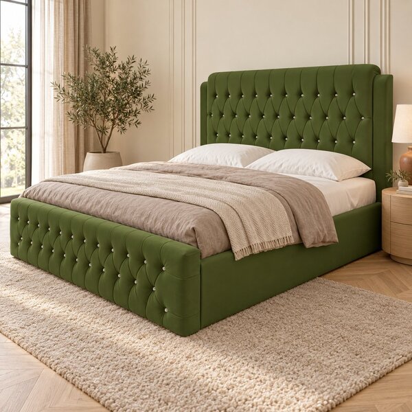 Pat tapițat Chesterfield din catifea Aveline Deluxe 140×200 cm, kaki, cu ladă de depozitare