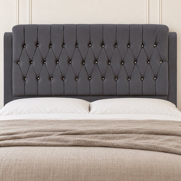 Pat tapițat Chesterfield din catifea Aveline Deluxe 140×200 cm, gri închis, cu ladă de depozitare
