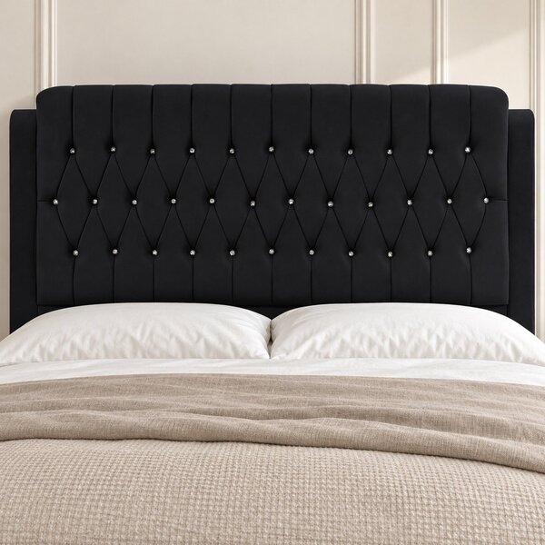 Pat tapițat Chesterfield din catifea Aveline Deluxe 140×200 cm, negru, cu ladă de depozitare