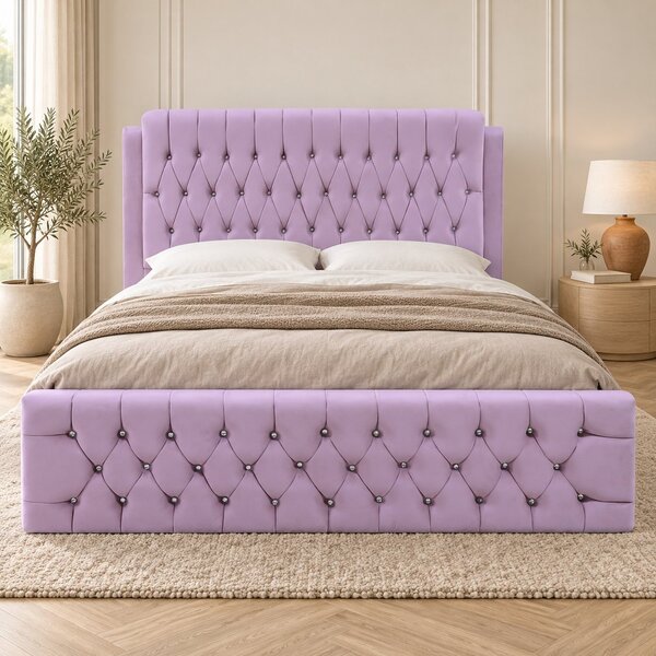 Pat tapițat Chesterfield din catifea Aveline Deluxe 140×200 cm, lila, cu ladă de depozitare