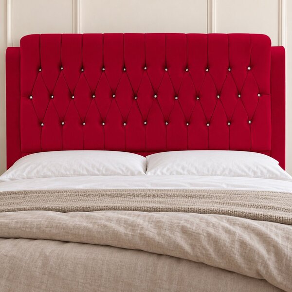 Pat tapițat Chesterfield din catifea Aveline Deluxe 140×200 cm, roșu, cu ladă de depozitare