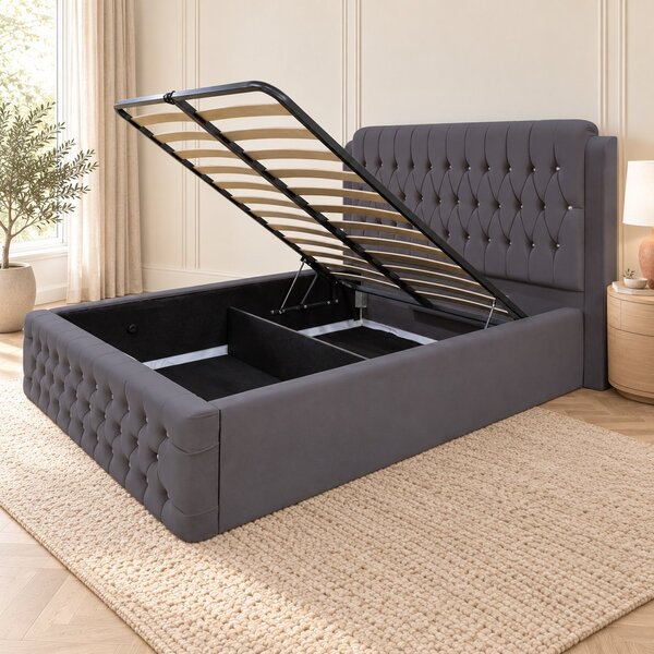 Pat tapițat Chesterfield din catifea Aveline Deluxe 140×200 cm, gri închis, cu ladă de depozitare