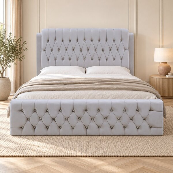 Pat tapițat Chesterfield din catifea Aveline Deluxe 140×200 cm, gri deschis, cu ladă de depozitare