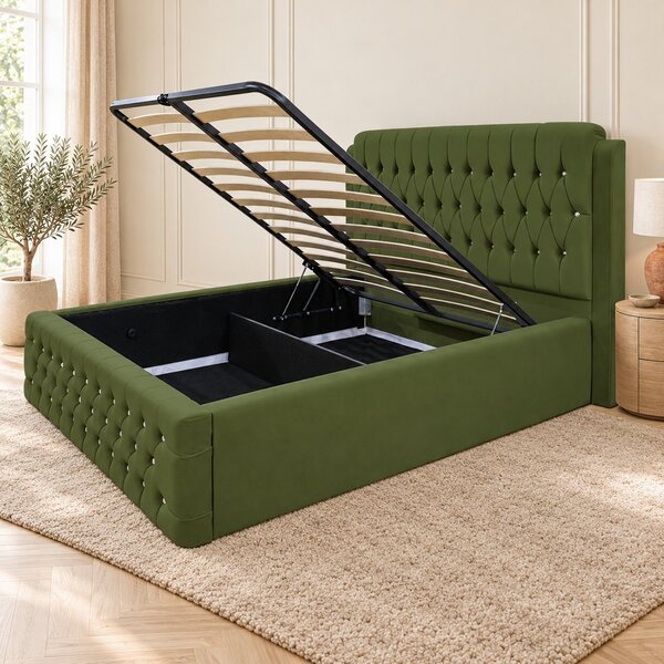 Pat tapițat Chesterfield din catifea Aveline Deluxe 140×200 cm, kaki, cu ladă de depozitare