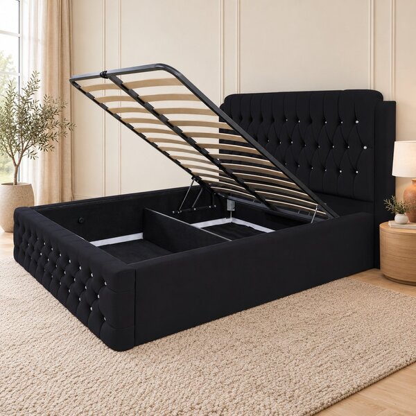 Pat tapițat Chesterfield din catifea Aveline Deluxe 140×200 cm, negru, cu ladă de depozitare