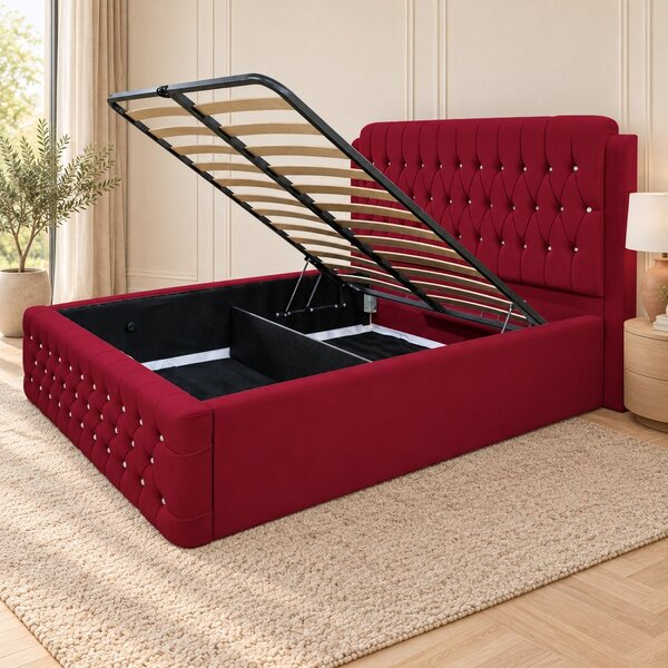 Pat tapițat Chesterfield din catifea Aveline Deluxe 140×200 cm, vișiniu, cu ladă de depozitare
