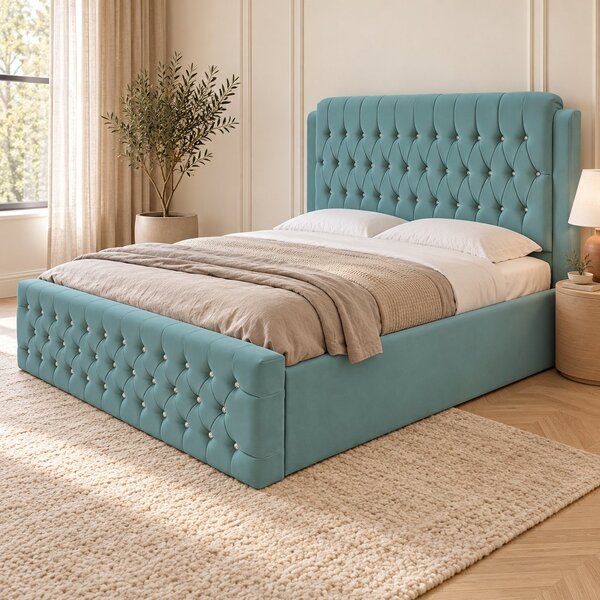 Pat tapițat Chesterfield din catifea Aveline Deluxe 140×200 cm, verde marin, cu ladă de depozitare