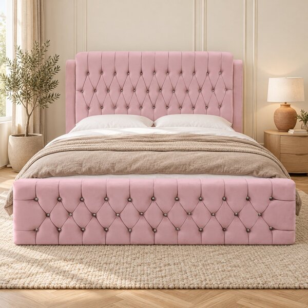 Pat tapițat Chesterfield din catifea Aveline Deluxe 140×200 cm, roz, cu ladă de depozitare