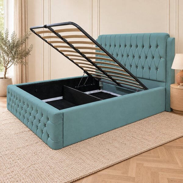 Pat tapițat Chesterfield din catifea Aveline Deluxe 140×200 cm, verde marin, cu ladă de depozitare