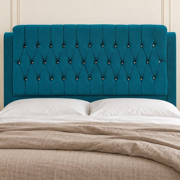 Pat tapițat Chesterfield din catifea Aveline Deluxe 140×200 cm, turcoaz, cu ladă de depozitare