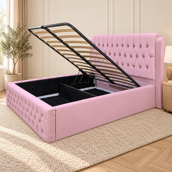 Pat tapițat Chesterfield din catifea Aveline Deluxe 140×200 cm, roz, cu ladă de depozitare