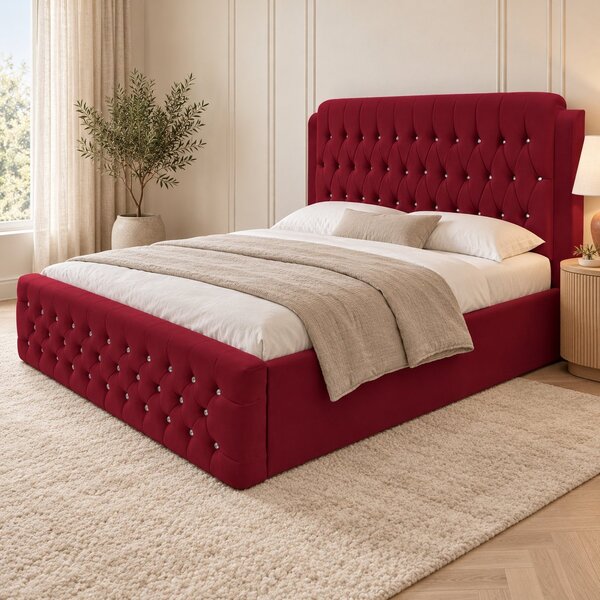 Pat tapițat Chesterfield din catifea Aveline Deluxe 140×200 cm, vișiniu, cu ladă de depozitare