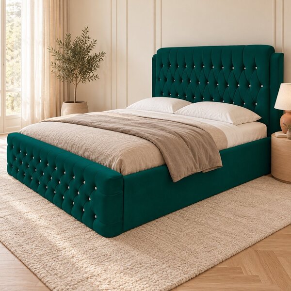 Pat tapițat Chesterfield din catifea Aveline Deluxe 140×200 cm, verde, cu ladă de depozitare