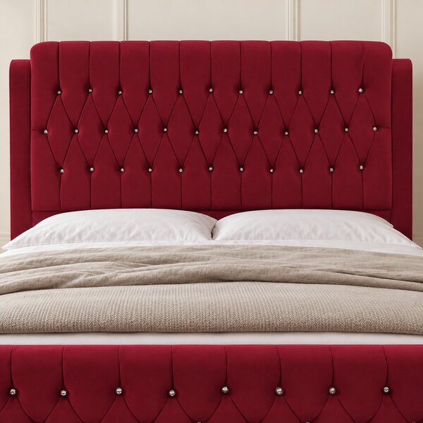 Pat tapițat Chesterfield din catifea Aveline Deluxe 140×200 cm, vișiniu, cu ladă de depozitare
