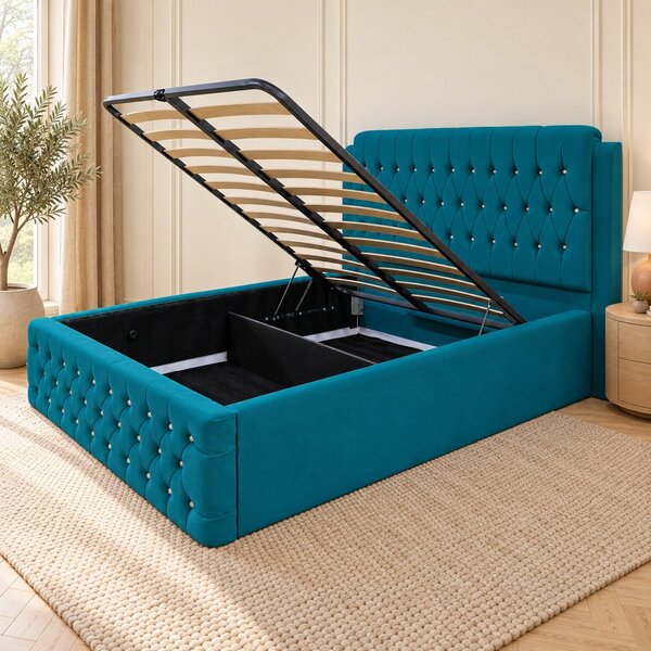Pat tapițat Chesterfield din catifea Aveline Deluxe 140×200 cm, turcoaz, cu ladă de depozitare