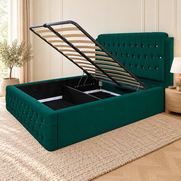 Pat tapițat Chesterfield din catifea Aveline Deluxe 140×200 cm, verde, cu ladă de depozitare