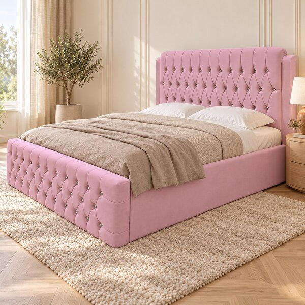 Pat tapițat Chesterfield din catifea Aveline Deluxe 140×200 cm, roz, cu ladă de depozitare
