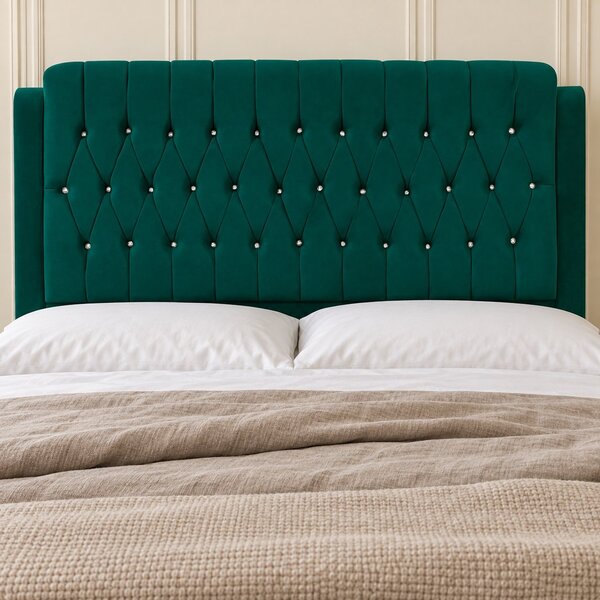 Pat tapițat Chesterfield din catifea Aveline Deluxe 140×200 cm, verde, cu ladă de depozitare