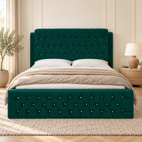 Pat tapițat Chesterfield din catifea Aveline Deluxe 140×200 cm, verde, cu ladă de depozitare