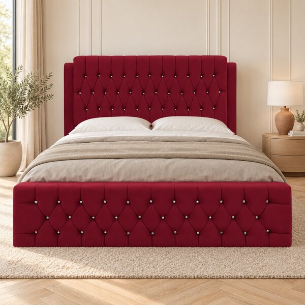Pat tapițat Chesterfield din catifea Aveline Deluxe 140×200 cm, vișiniu, cu ladă de depozitare