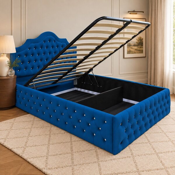 Pat tapițat Chesterfield din catifea Imperio Deluxe 140×200 cm, albastru, cu ladă de depozitare
