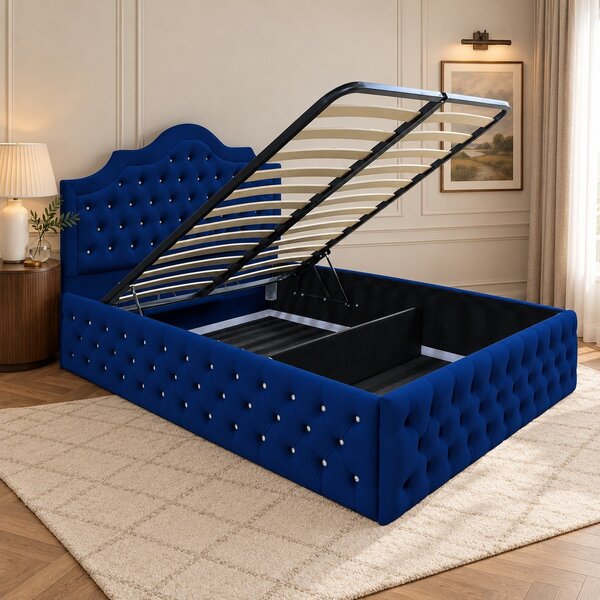 Pat tapițat Chesterfield din catifea Imperio Deluxe 140×200 cm, bleumarin, cu ladă de depozitare