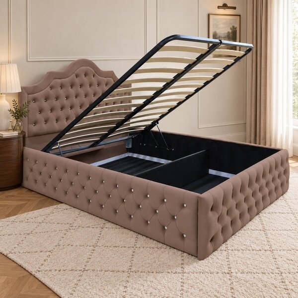 Pat tapițat Chesterfield din catifea Imperio Deluxe 140×200 cm, cappuccino, cu ladă de depozitare