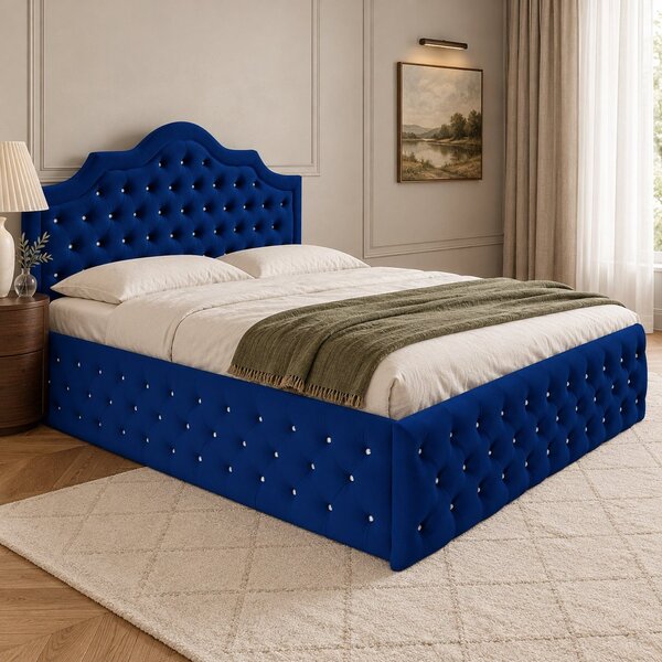 Pat tapițat Chesterfield din catifea Imperio Deluxe 140×200 cm, bleumarin, cu ladă de depozitare