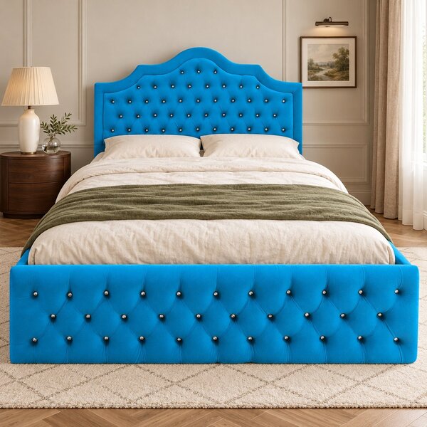 Pat tapițat Chesterfield din catifea Imperio Deluxe 140×200 cm, albastru deschis, cu ladă de depozitare