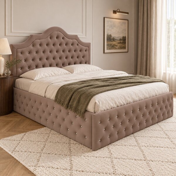 Pat tapițat Chesterfield din catifea Imperio Deluxe 140×200 cm, cappuccino, cu ladă de depozitare