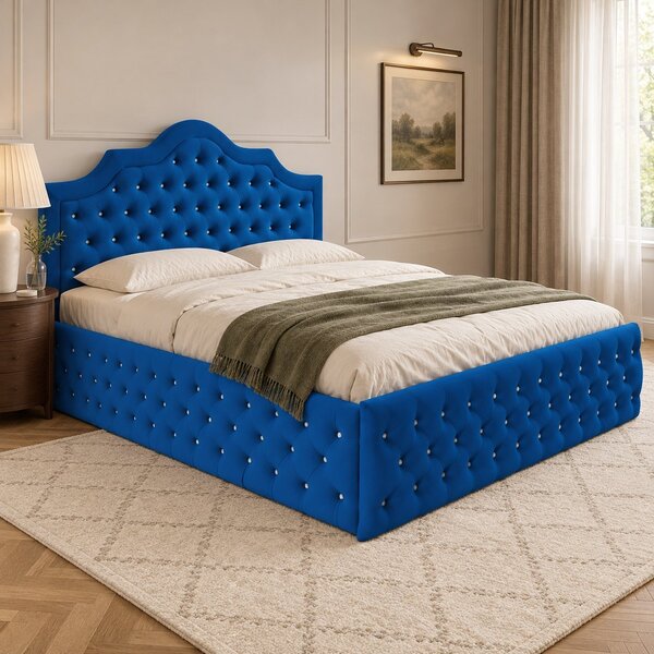 Pat tapițat Chesterfield din catifea Imperio Deluxe 140×200 cm, albastru, cu ladă de depozitare