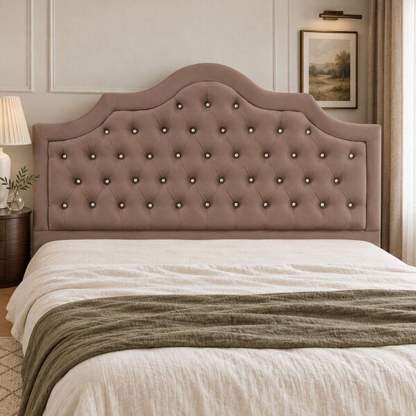 Pat tapițat Chesterfield din catifea Imperio Deluxe 140×200 cm, cappuccino, cu ladă de depozitare