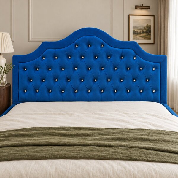 Pat tapițat Chesterfield din catifea Imperio Deluxe 140×200 cm, albastru, cu ladă de depozitare