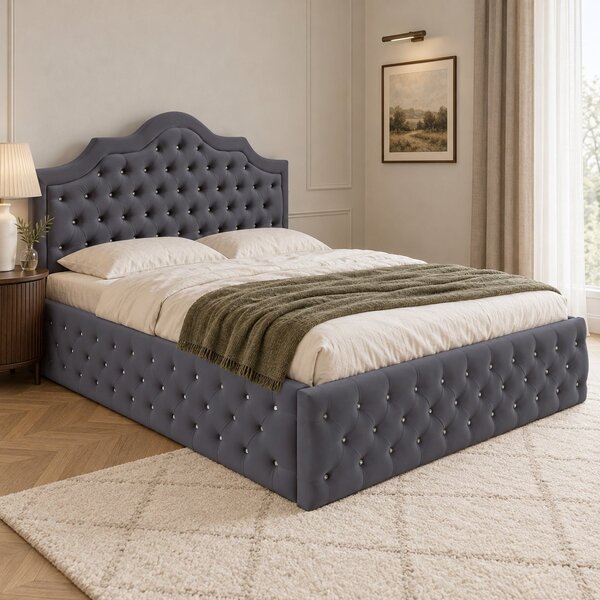 Pat tapițat Chesterfield din catifea Imperio Deluxe 140×200 cm, gri închis, cu ladă de depozitare