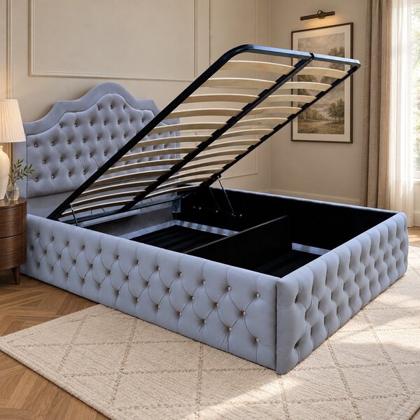 Pat tapițat Chesterfield din catifea Imperio Deluxe 140×200 cm, gri deschis, cu ladă de depozitare
