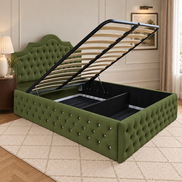 Pat tapițat Chesterfield din catifea Imperio Deluxe 140×200 cm, kaki, cu ladă de depozitare