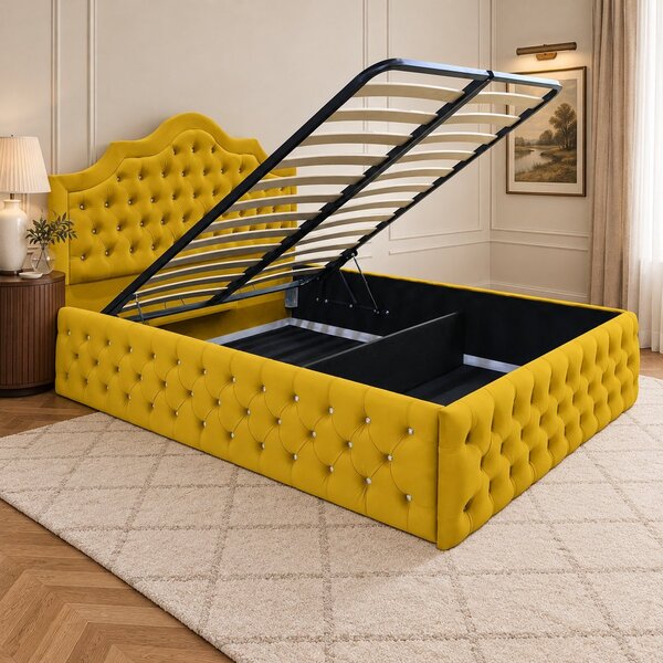 Pat tapițat Chesterfield din catifea Imperio Deluxe 140×200 cm, galben muștar, cu ladă de depozitare
