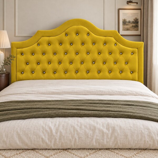 Pat tapițat Chesterfield din catifea Imperio Deluxe 140×200 cm, galben muștar, cu ladă de depozitare