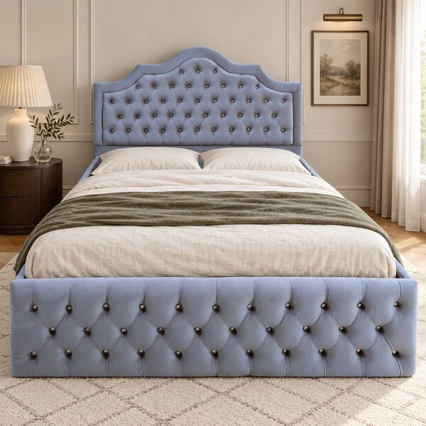 Pat tapițat Chesterfield din catifea Imperio Deluxe 140×200 cm, gri deschis, cu ladă de depozitare