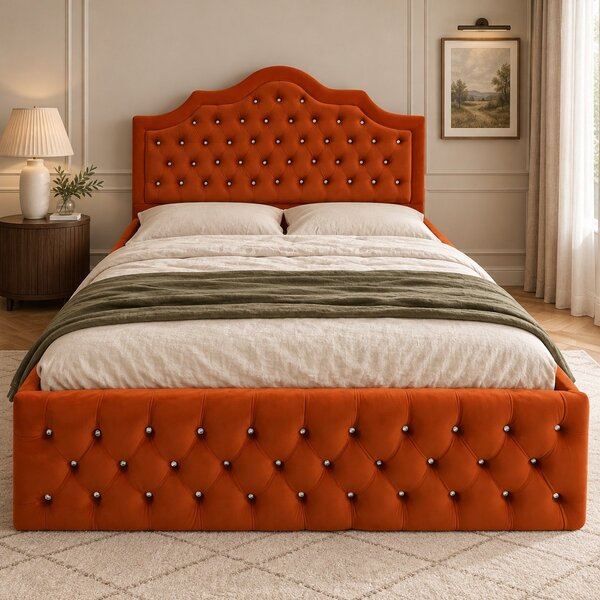 Pat tapițat Chesterfield din catifea Imperio Deluxe 140×200 cm, cărămiziu, cu ladă de depozitare