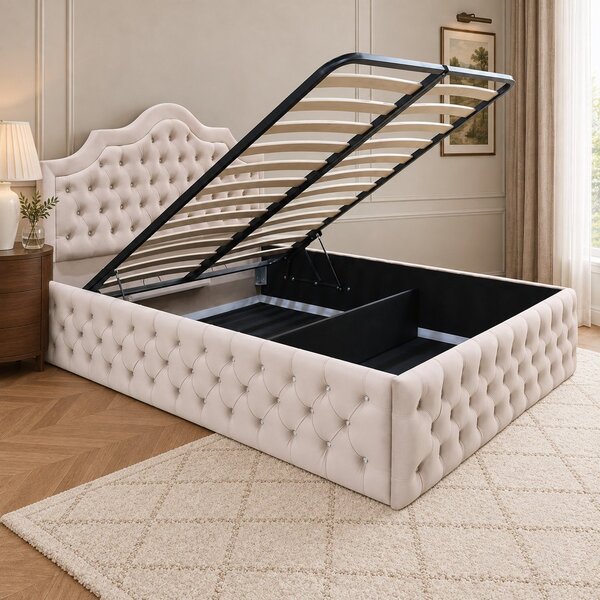 Pat tapițat Chesterfield din catifea Imperio Deluxe 140×200 cm, crem, cu ladă de depozitare