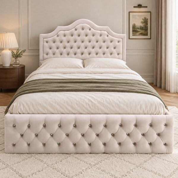 Pat tapițat Chesterfield din catifea Imperio Deluxe 140×200 cm, crem, cu ladă de depozitare